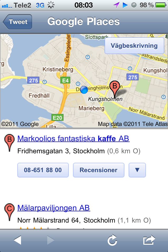 Google Mobile Location results list 2