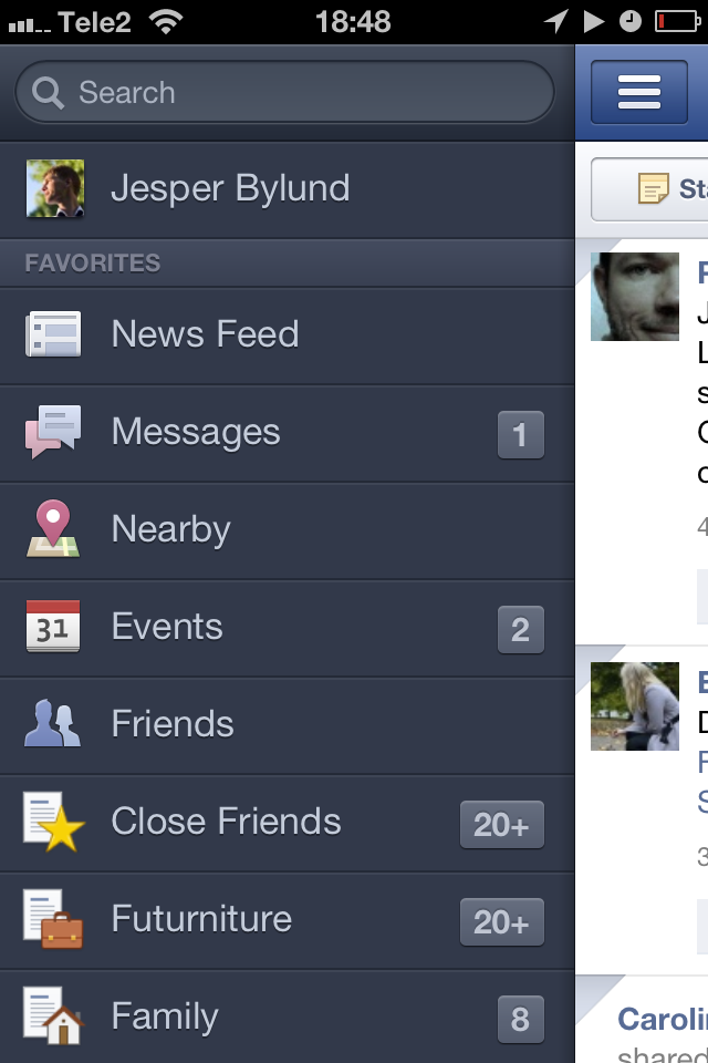 Facebook iPhone app menu