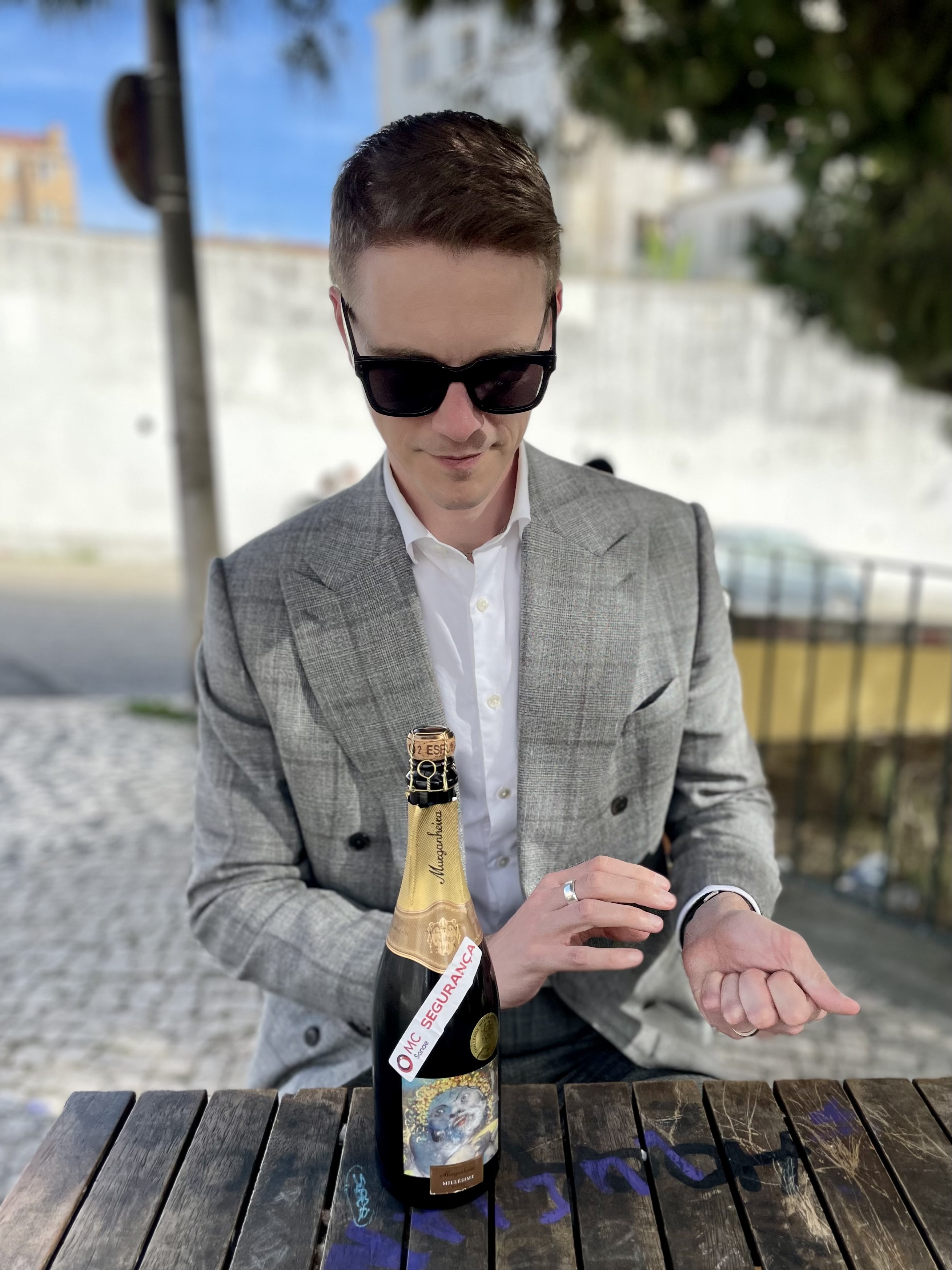 Jesper Bylund opening local vintage sparkling wine in Lisbon on his 40th birthday. Jesper Bylund age 40 opening wine in Lisbon