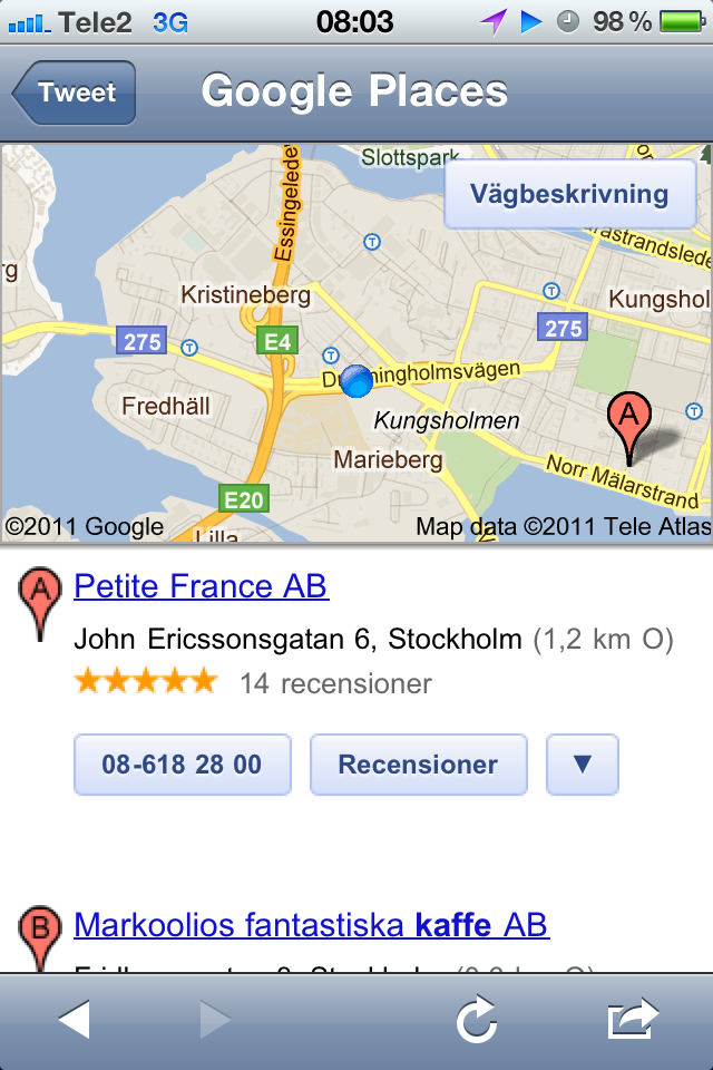 Google Mobile Location results list 1